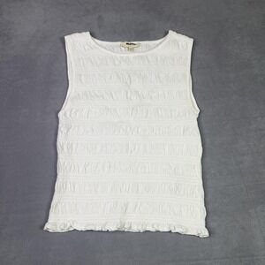 Madewell Tank Top Womens XXS White Smocked Boatneck Cotton Linen Sleeveless